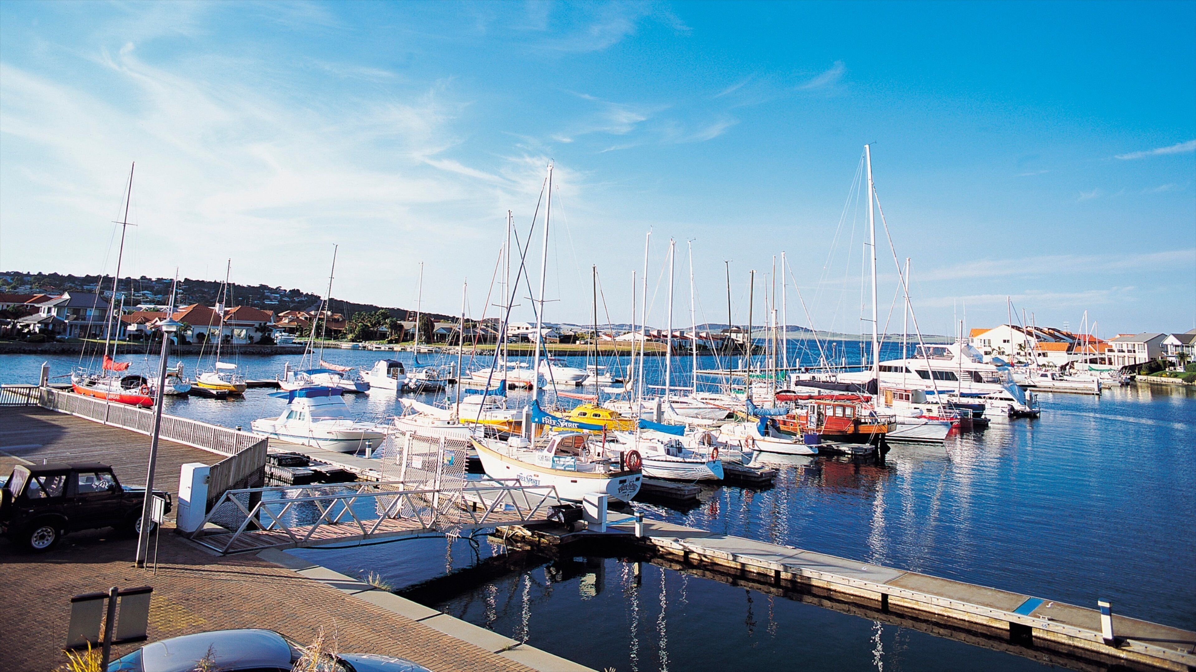 A marina with various boats docked, a wooden pier, and houses in the background.