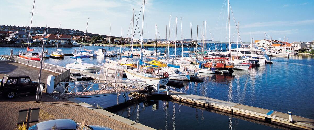 A marina with various boats docked, a wooden pier, and houses in the background.