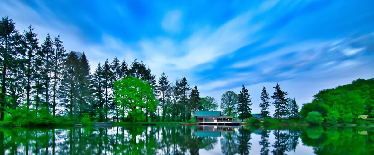 A serene lake with a reflection of trees and a building.