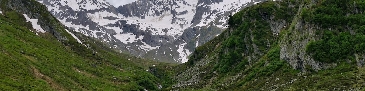 A mountain valley with a stream, green grass, and snow-capped peaks.