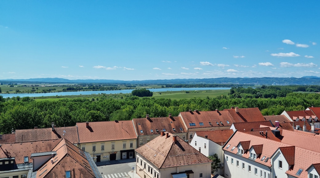 An aerial view of Brezice with its traditional red-tiled roofs and a St. Lawrence's Parish Church steeple, overlooking the green landscape with the Sava river in the distance