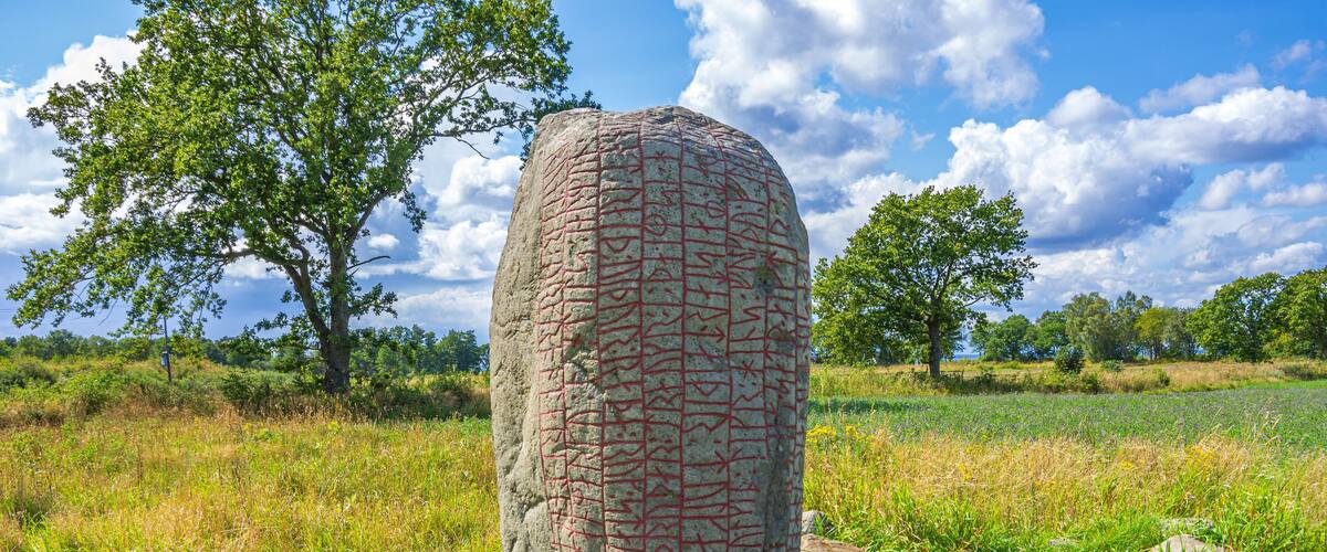 A large standing stone with red markings in a grassy field with trees in the background.