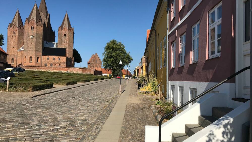 A cobblestone street leading to a historic church with multiple spires.