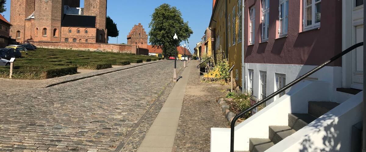 A cobblestone street leading to a historic church with multiple spires.