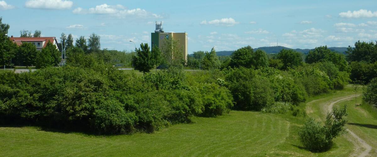 A green field with a path, trees, and a building with a tower.