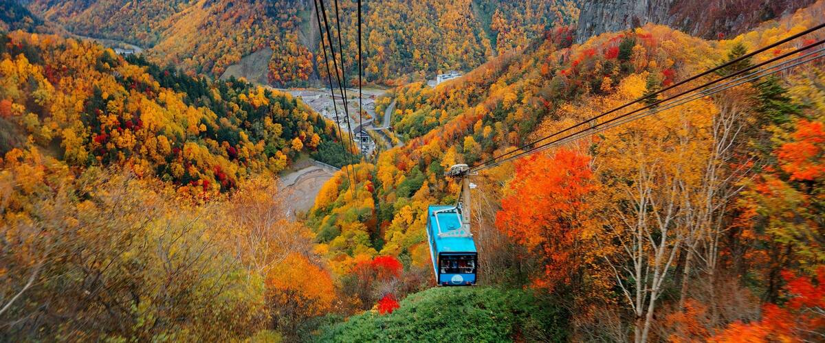 A cable car moving through a mountainous area with autumn foliage.
