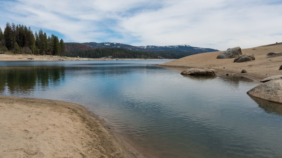 A calm lake surrounded by sand dunes and a forested mountain range.
