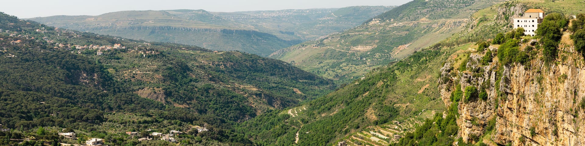 Jezzine town landscape with famous waterfall pouring into the dry valley, in Southern Lebanon