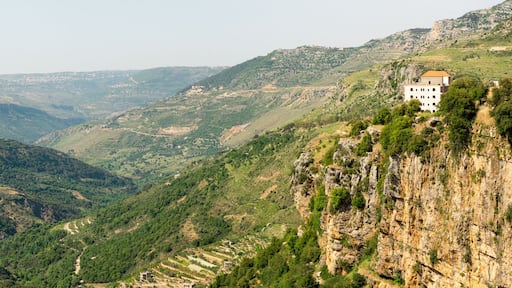 Jezzine town landscape with famous waterfall pouring into the dry valley, in Southern Lebanon