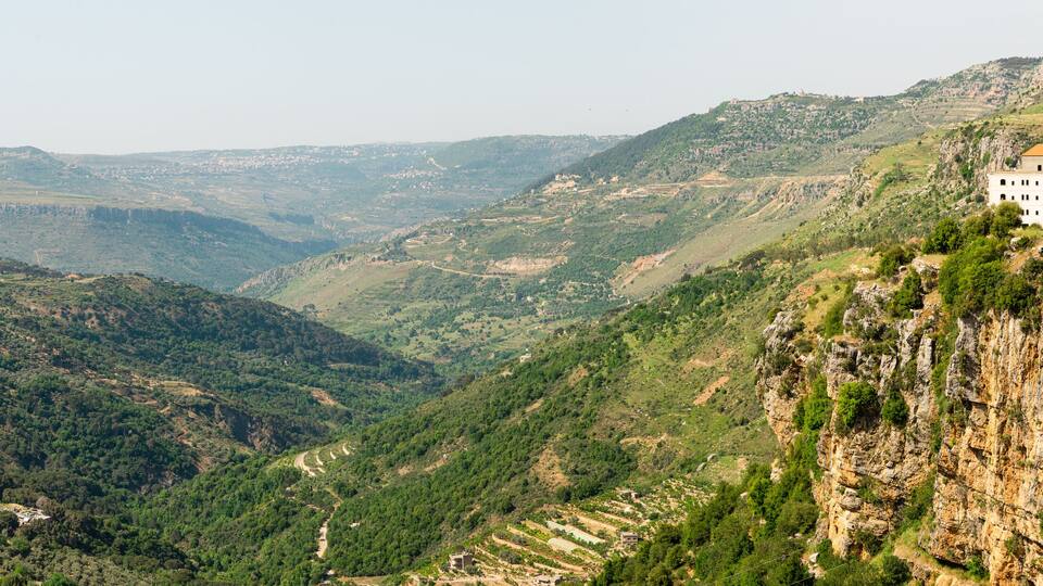 Jezzine town landscape with famous waterfall pouring into the dry valley, in Southern Lebanon