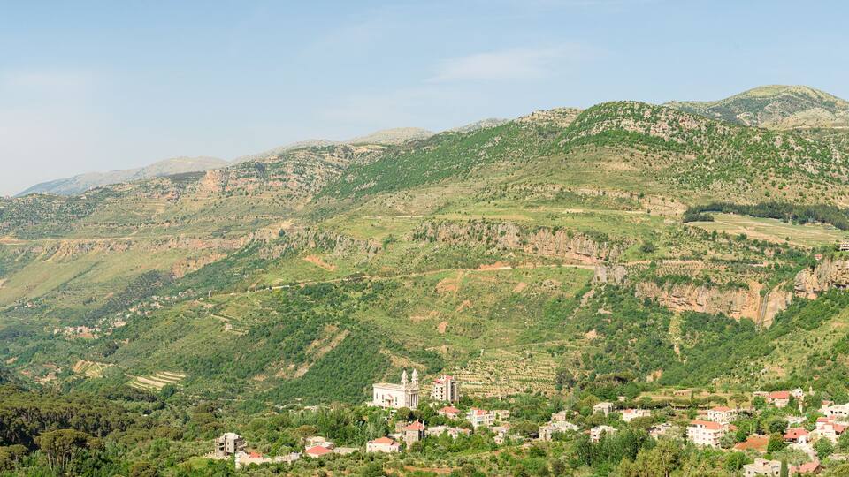 Jezzine town landscape with famous waterfall pouring into the dry valley, in Southern Lebanon