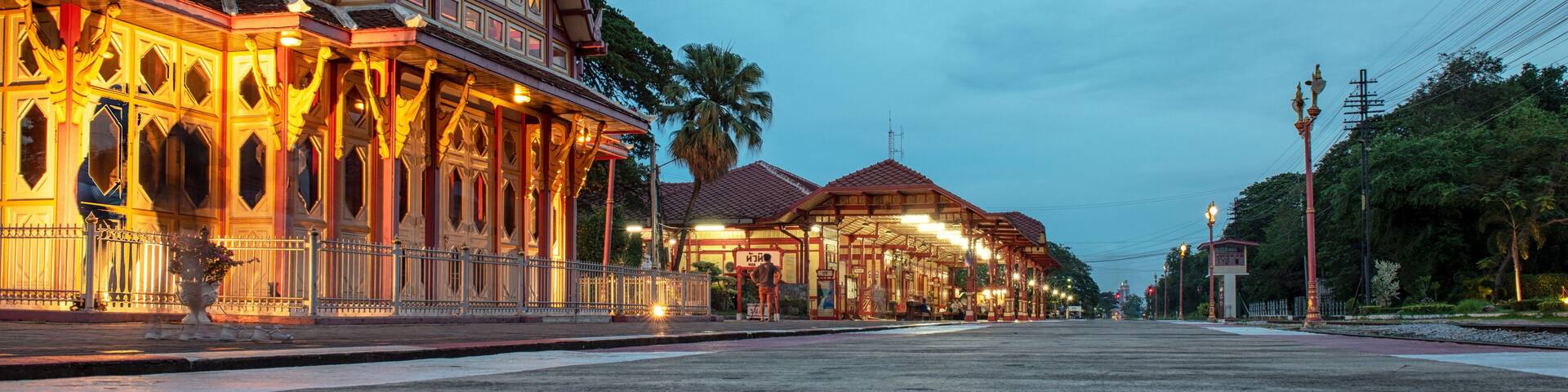 Hua Hin railway station at night,Hua Hin railway station Thailand.