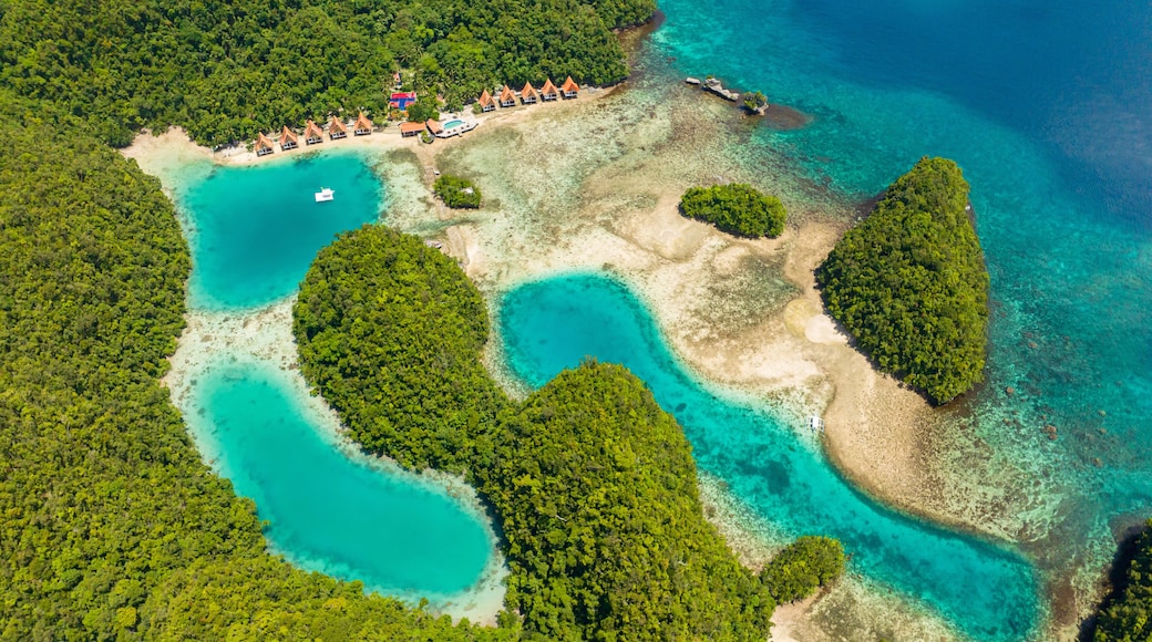 Birds eye view of Natural Beach and Lagoons in Sohoton Cove. Surigao del Norte. Mindanao, Philippines.