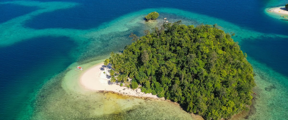An aerial view of a tropical island with a white sandy beach, dense green forest, and clear turquoise waters.