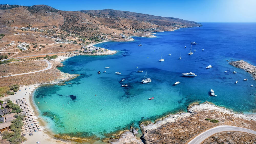 Aerial view of the beautiful bay and beaches of Koundouros at Kea, Tzia island, Greece