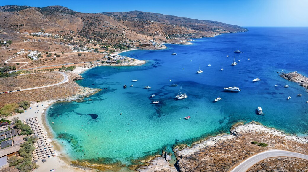 Aerial view of the beautiful bay and beaches of Koundouros at Kea, Tzia island, Greece