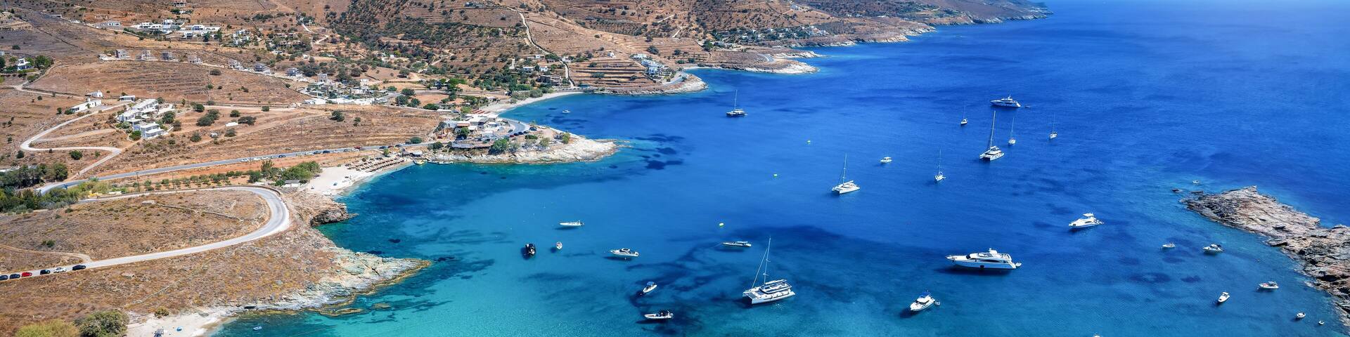 Aerial view of the beautiful bay and beaches of Koundouros at Kea, Tzia island, Greece