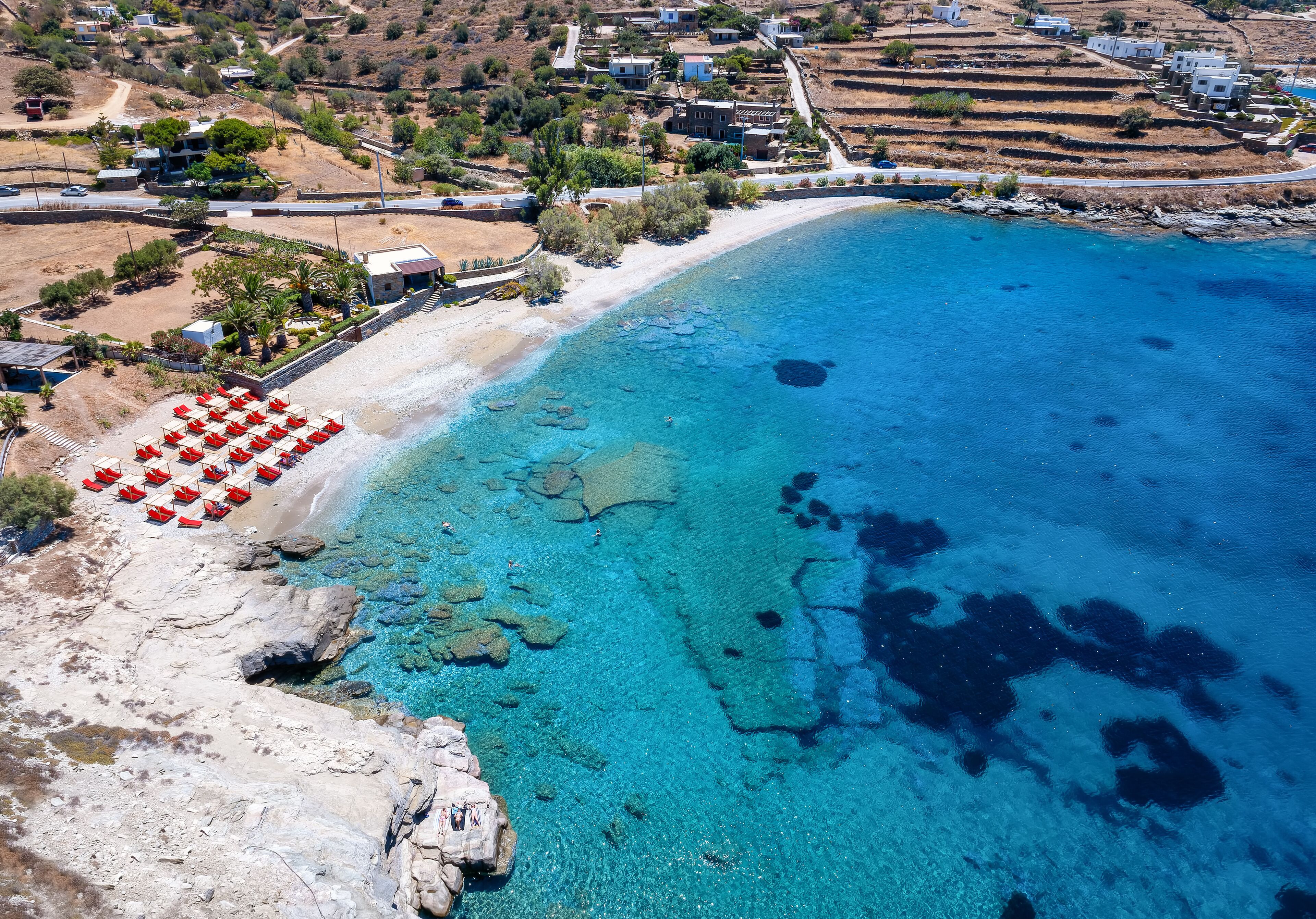 Aerial view of the small Freas Beach at Kea, Tzia island, Greece, with turquoise, clear sea