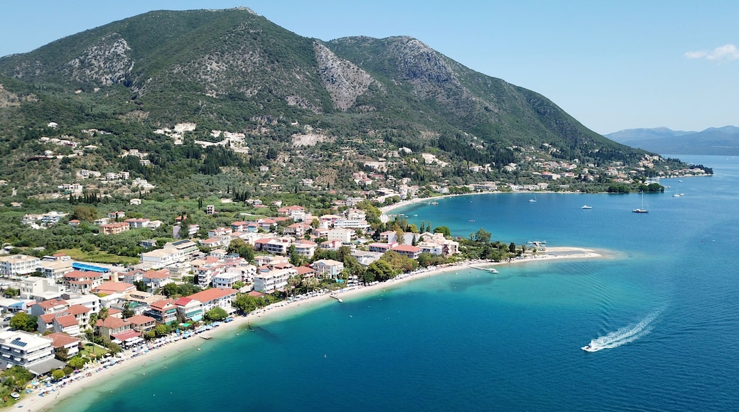 Aerial drone bird's eye view photo of iconic port of Nidri or Nydri a safe harbor for sail boats and famous for trips to Meganisi, Skorpios and other Ionian islands, Leflkada island, Ionian, Greece