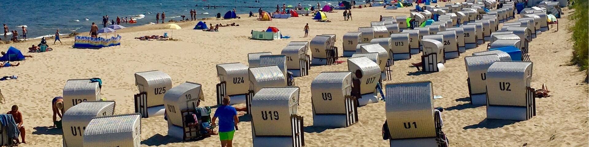 A beach with rows of numbered beach huts and people enjoying the sand and sea.