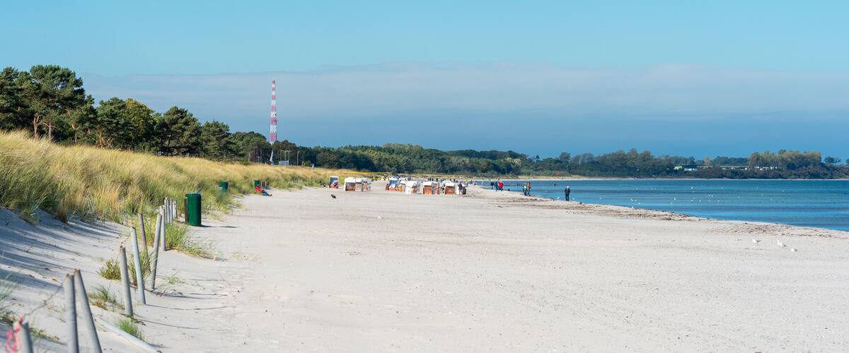 A sandy beach with a grassy dune, a lighthouse, and a calm sea.