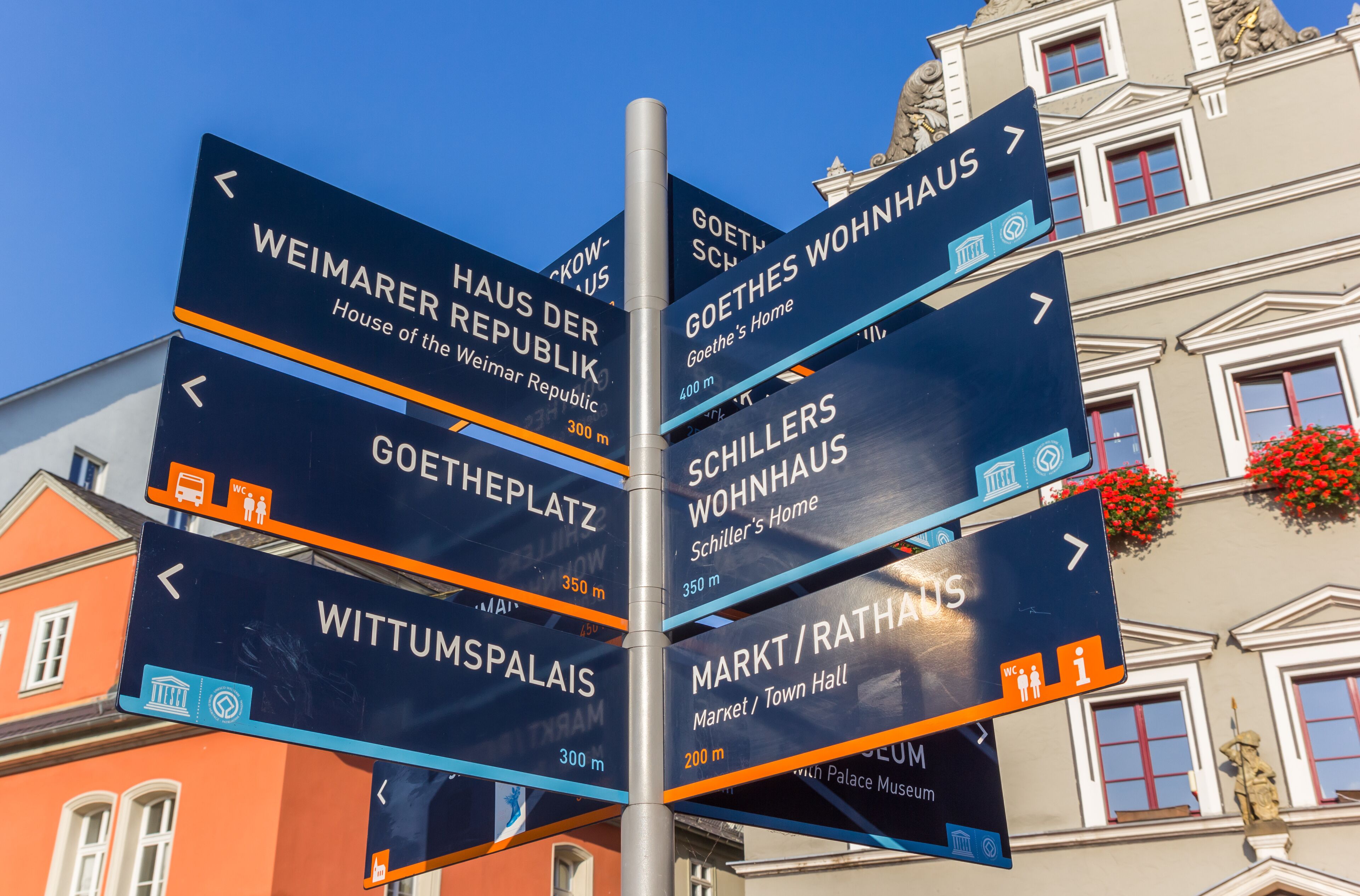 Tourist information sign in front of a historic building in Weimar, Germany