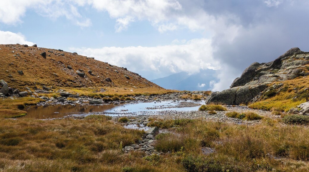 Mountain hiking of parking in power station Malga Mare to Lago Lungo (2553m). Water streams over the mountain plateau.