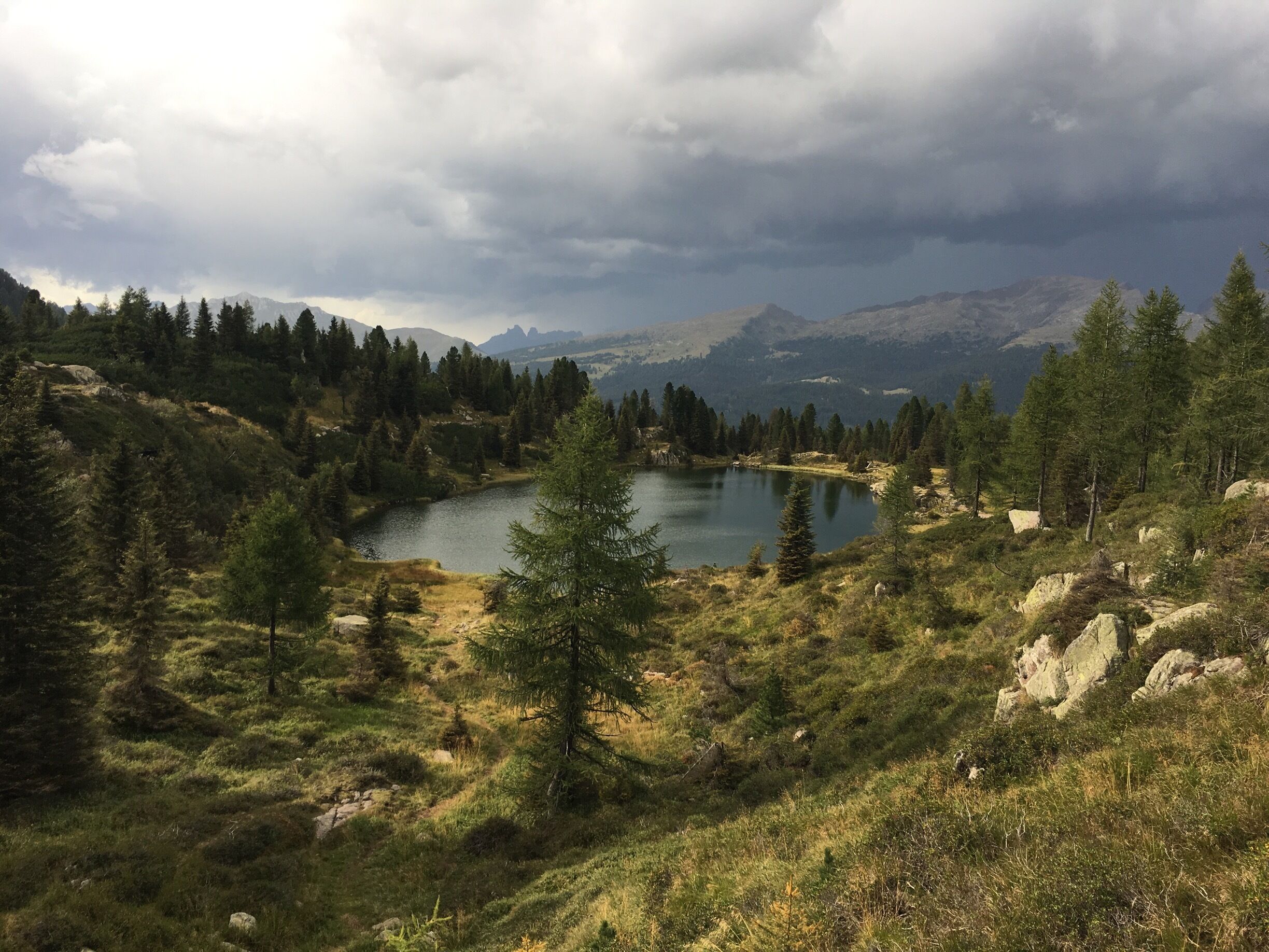 A lake surrounded by mountains and coniferous trees.