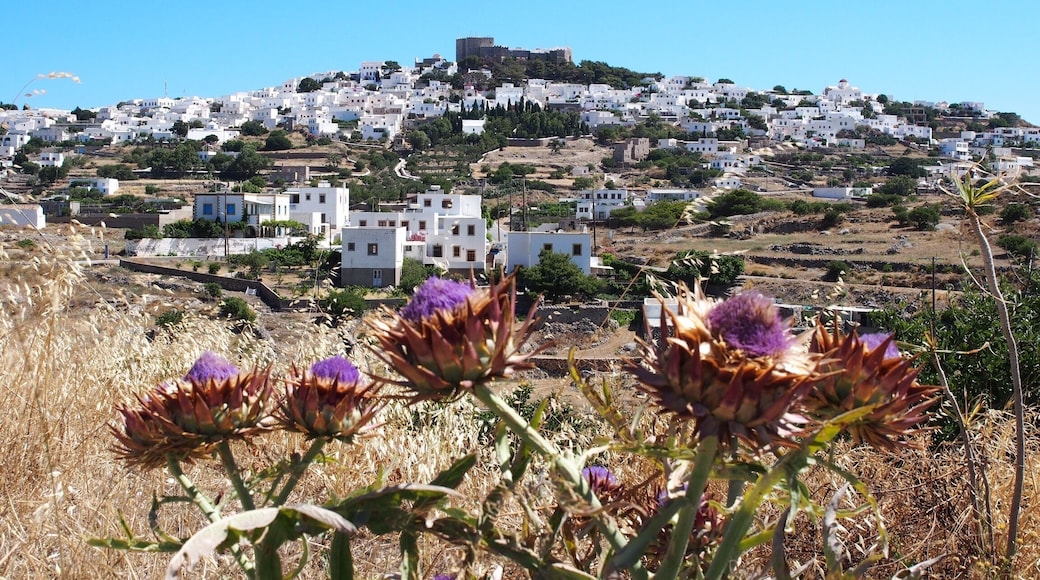 View of Chora and St. John Monastery (Unesco) on island of Parmos, Dodecanese islands, Greece.