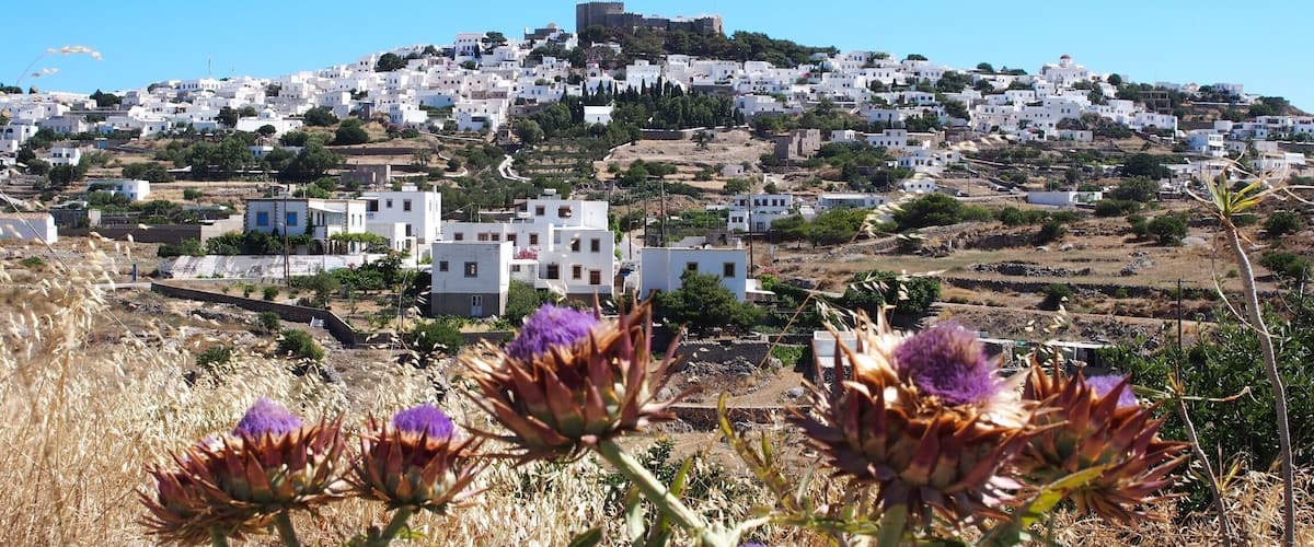 View of Chora and St. John Monastery (Unesco) on island of Parmos, Dodecanese islands, Greece.