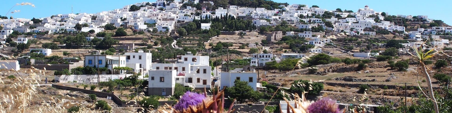 View of Chora and St. John Monastery (Unesco) on island of Parmos, Dodecanese islands, Greece.