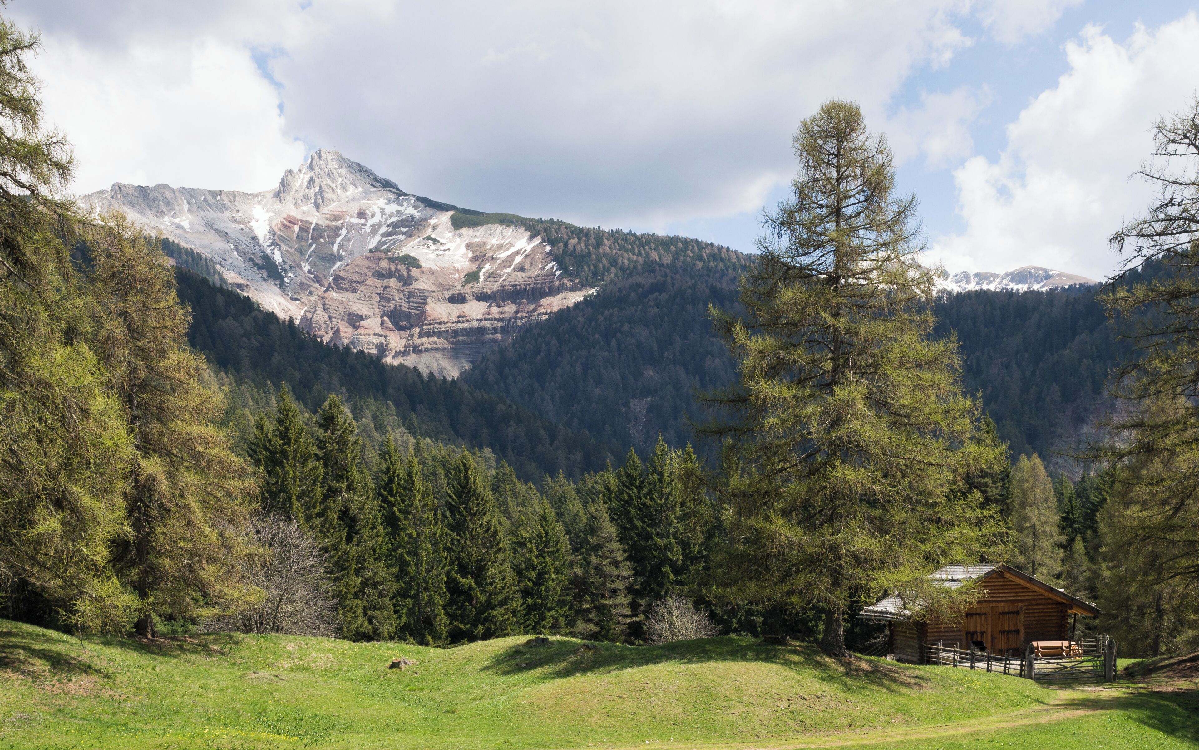 Das Weißhorn in Südtirol mit dem obersten Ausläufer der Bletterbachschlucht, der weiße Sarldolomit der mittleren Trias überlagert die Werfener Schichten der unteren Trias This media shows the protected natural monument with the ID 003_G07 in South Tyrol. (commons, de)