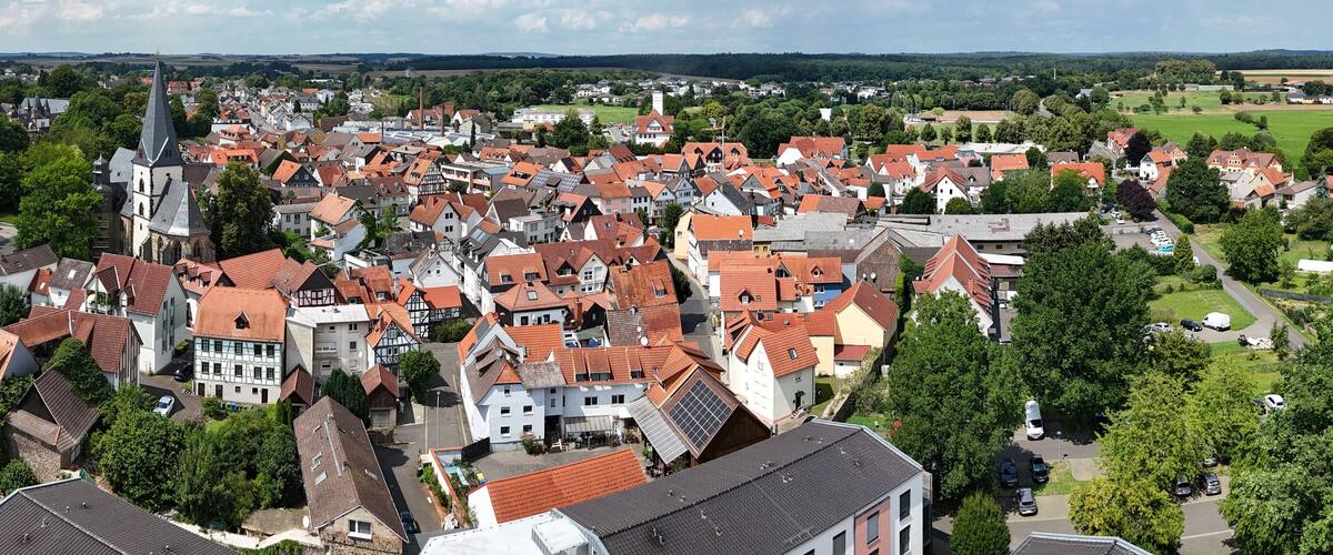 A town with red-roofed houses, a church, and surrounding greenery, lush green fields.