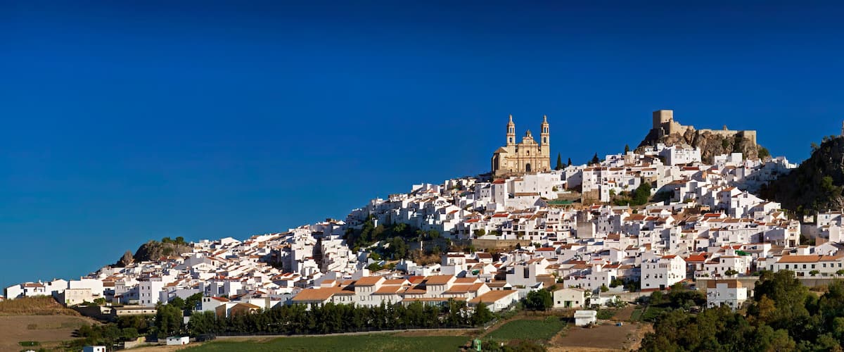 A coastal town with white buildings, a prominent church with a bell tower, and a castle on a hill.