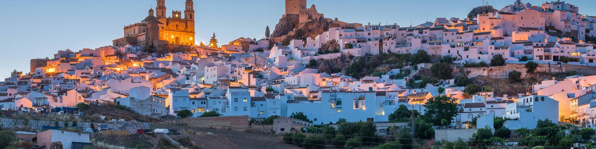 Panoramic sight at sunset in the beautiful Olvera, province of Cadiz, Andalusia, Spain.