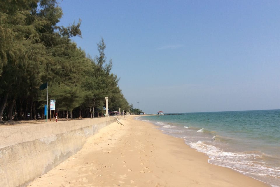 A sandy beach with a concrete wall and trees on one side.