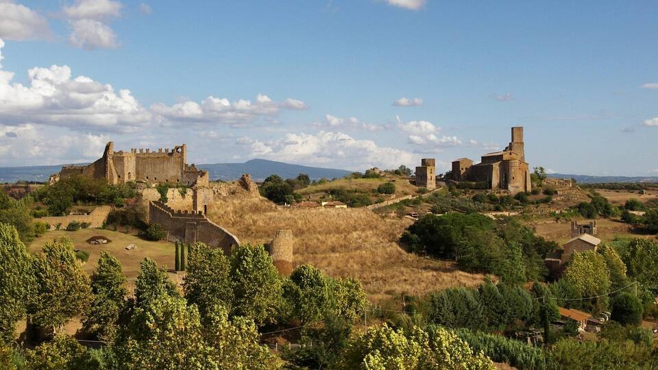 A historic castle complex with ruins and surrounding greenery.