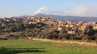 A hillside village with buildings, a stone wall, and a mountain in the background.