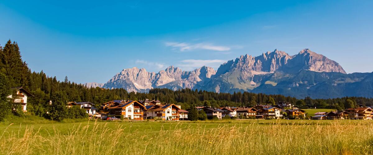 Alpine summer view with Mount Wilder Kaiser in the background at Oberndorf in Tirol, Kitzbuehel, Tyrol, Austria