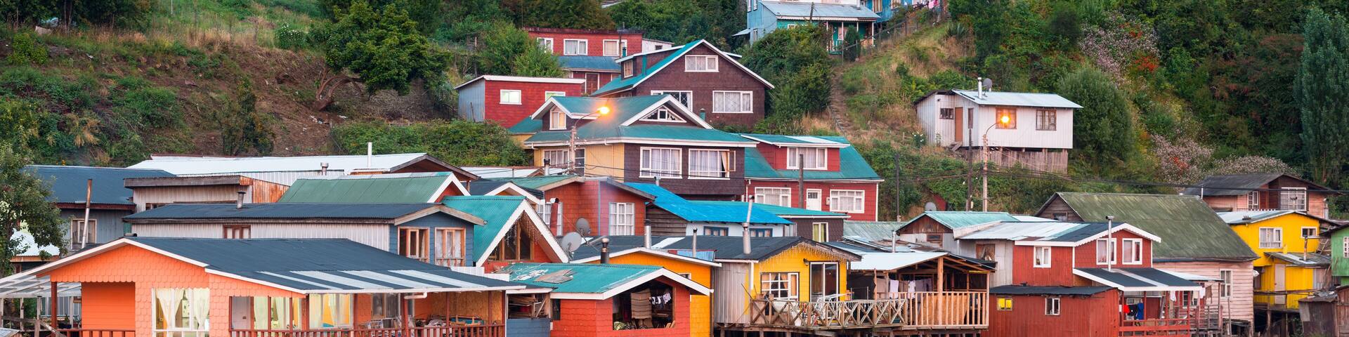 Traditional stilt houses know as palafitos in the city of Castro at Chiloe Island in Southern Chile
