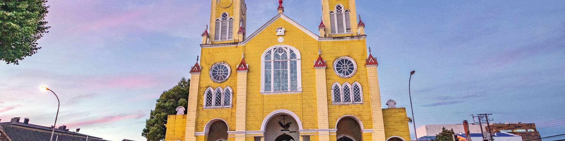 Church of San Francisco at Plaza de Armas Square at sunset - Castro, Chiloe Island, Chile
