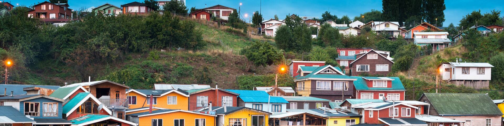 Traditional stilt houses know as palafitos in the city of Castro at Chiloe Island in Southern Chile