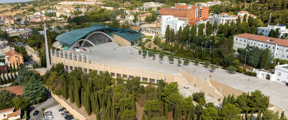 Aerial view of the Sanctuary of Saint Pio of Pietrelcina, also known as Padre Pio Pilgrimage Church. It is a Catholic shrine in San Giovanni Rotondo, in the province of Foggia, in Puglia, Italy.