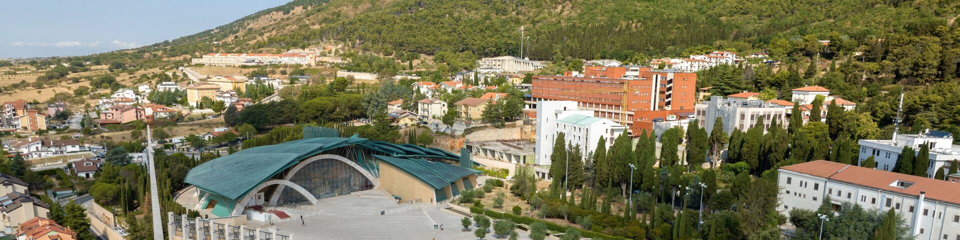 Aerial view of the Sanctuary of Saint Pio of Pietrelcina, also known as Padre Pio Pilgrimage Church. It is a Catholic shrine in San Giovanni Rotondo, in the province of Foggia, in Puglia, Italy.