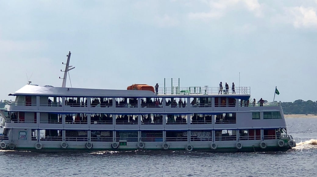 A fully loaded transportation ship heading down river. If you look closely you can see cargo on the lower floor and hammocks containing passengers on the second floor.