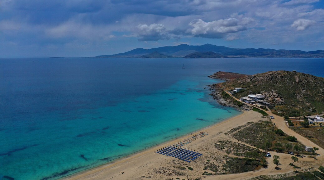 Aerial drone photo of beautiful and popular beach of Agia Anna in Naxos island, Cyclades, Greece