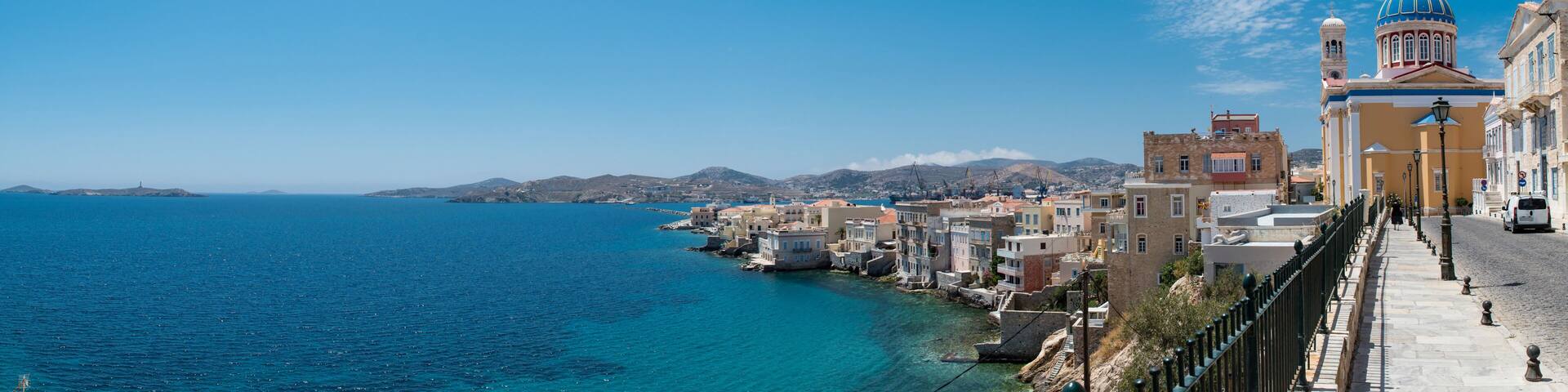 Vaporia area in Syros island main capital, Ermoupoli, also known as little venice at summer time, Syros is located in Cyclades, Greece