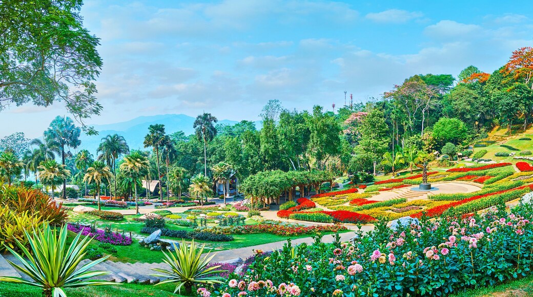 Panorama with flower beds of Mae Fah Luang garden, Doi Tung, Thailand