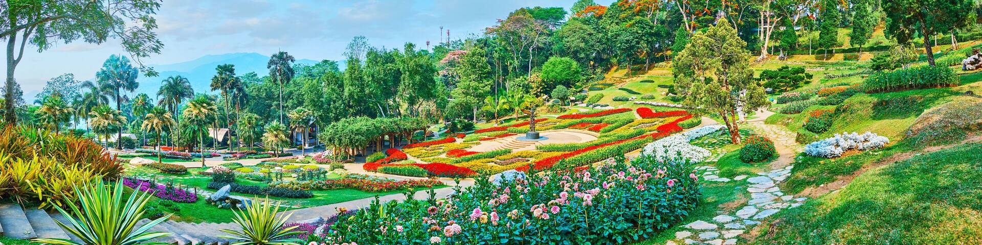 Panorama with flower beds of Mae Fah Luang garden, Doi Tung, Thailand