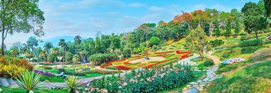 Panorama with flower beds of Mae Fah Luang garden, Doi Tung, Thailand